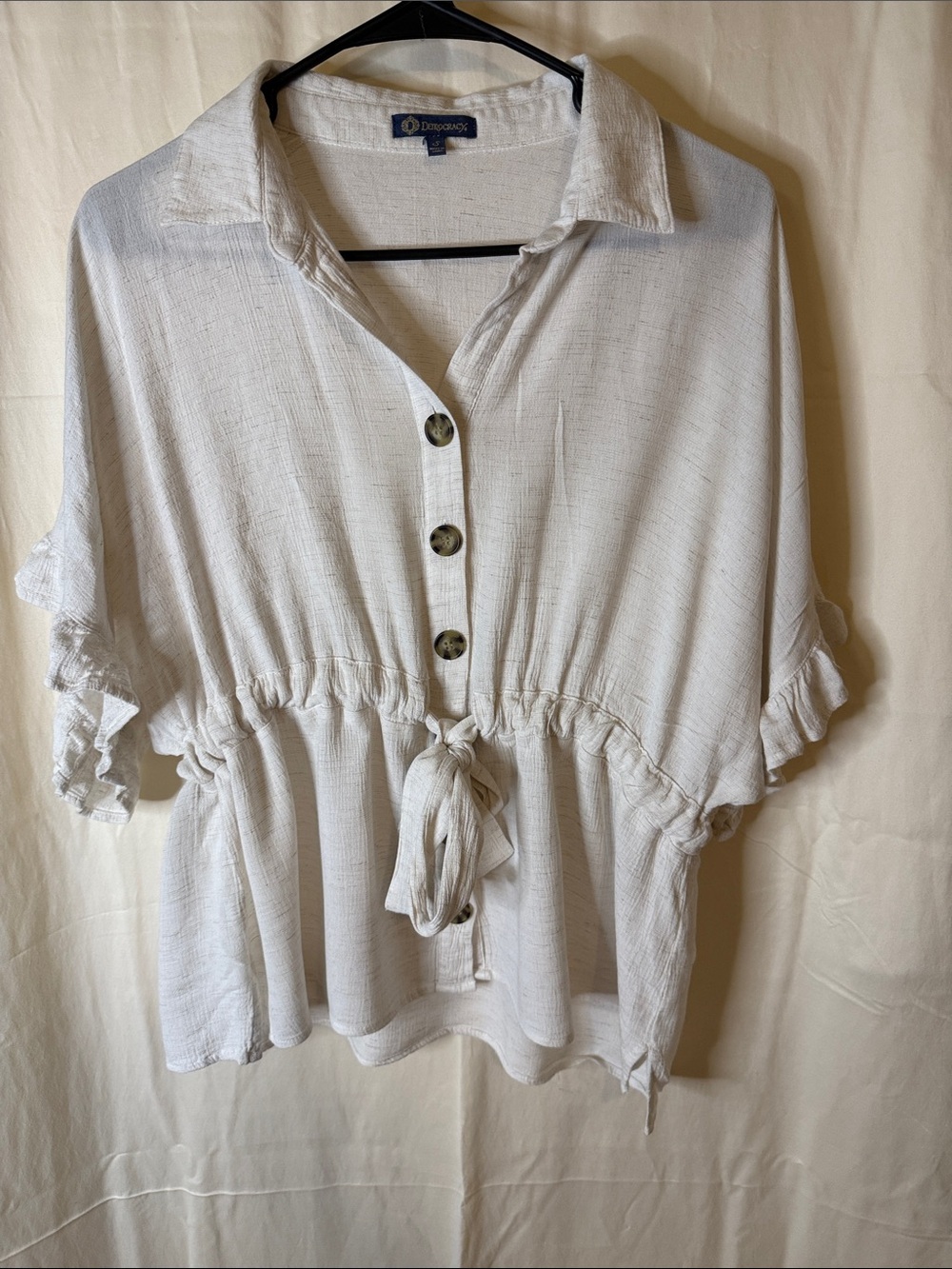 Democracy Cream Button-Front Peplum Tie-Waist Top
